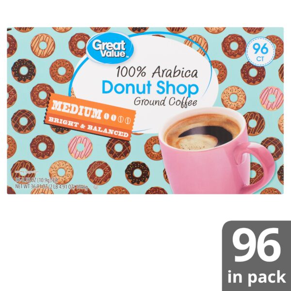 Great Value Donut Shop 100% Arabica Medium Ground Coffee, 0.38 oz, 96 count