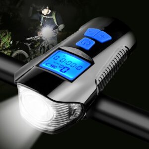 Waterproof Bicycle Light USB Charging Bike Front Light Flashlight Handlebar Cycling Head Light w/ Horn Speed Meter LCD Screen