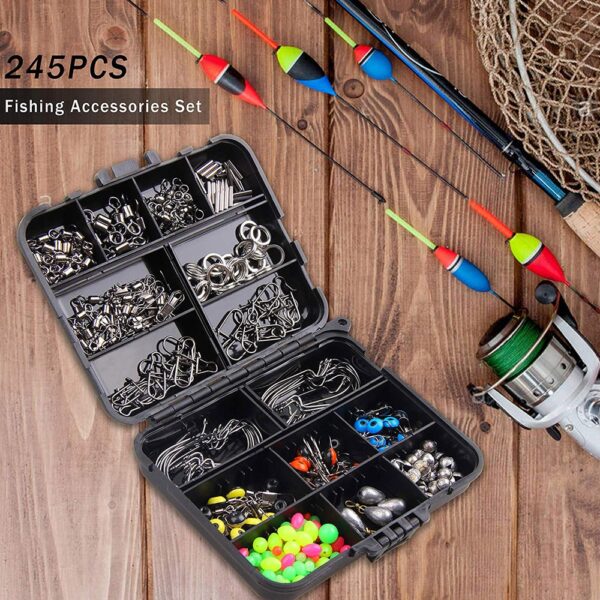 245Pcs/Box Fishing Accessories Kit Including Fishing Hooks Beads Swivels Snap Sinker Weight Fishing Terminal Tackle