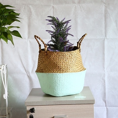 WHISM Storage Basket Rattan Straw Basket Wicker Folding Flower Pot Seagrasss Flower Baskets Garden Planter Flower Pot