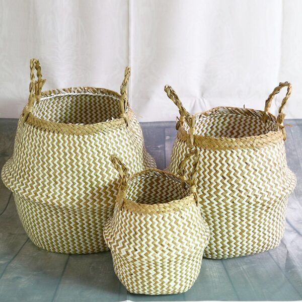 WHISM Storage Basket Rattan Straw Basket Wicker Folding Flower Pot Seagrasss Flower Baskets Garden Planter Flower Pot