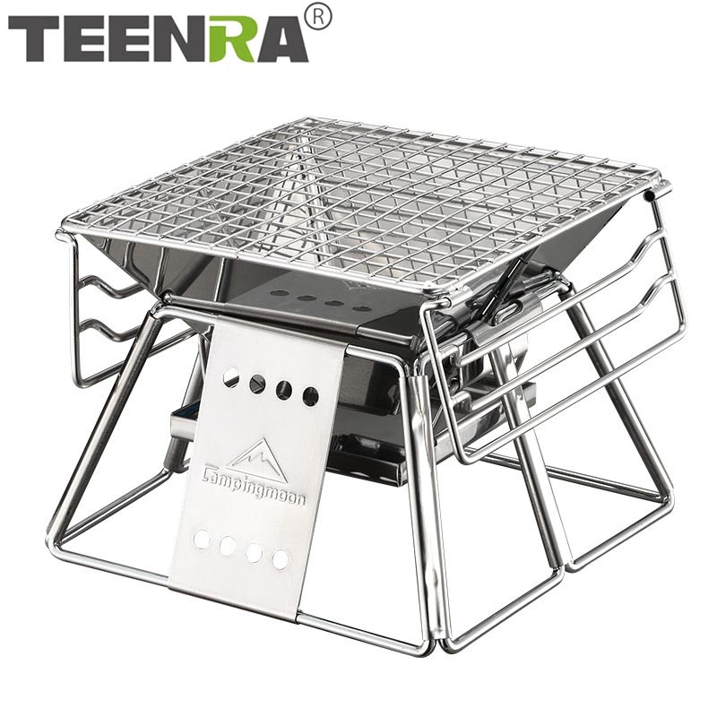 TEENRA Portable Stainless Steel BBQ Grill Non-stick Surface Folding Barbecue Grill Outdoor Camping Picnic Tool