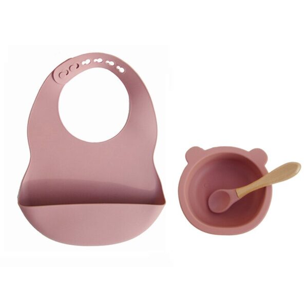 Baby Silicone Feeding Set Wooden Spoon Suction Bowl Baby Plate Kids Toddler Assist Tableware BPA Free High Quality Silicone