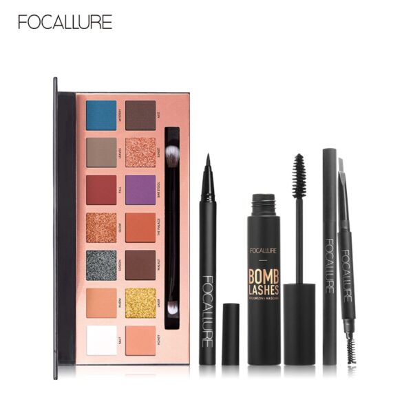 FOCALLURE 4pcs Makeup Sets include 14 colors Eyeshadow Eyebrow Eyeliner Mascara Cosmetic Kit