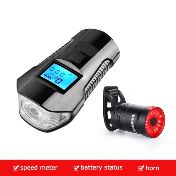 Waterproof Bicycle Light USB Charging Bike Front Light Flashlight Handlebar Cycling Head Light w/ Horn Speed Meter LCD Screen