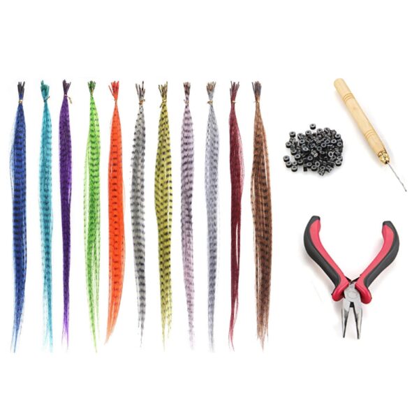55pcs Multicolor Synthetic Feathers Hair For Hair Extensions DIY Micro Beads Hairpiece Kit Feathers Hair Extensions Tools