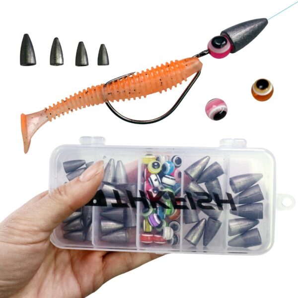 64pcs Fishing Bullet Weights Texas Rig Set Fishing Accessories Lead Sinker Fish Eye Beads Fishing Tackle Box DIY KIT