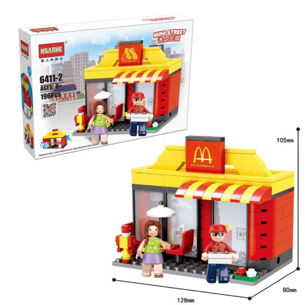 City Mini Street Toy Shop Retail Store 3D Model KFCE McDonald Cafe Apple Miniature Building Block for kid compatible with
