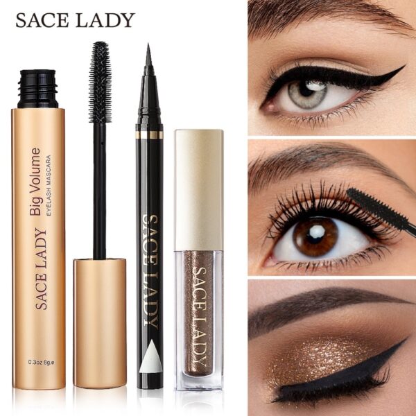 SACE LADY Eye Makeup Set Liquid Glitter Eyeshadow Black Eyeliner Eyelash Mascara Make Up Kit Waterproof Cosmetic Wholesale