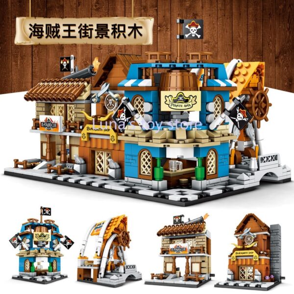 4pcs/sets One Piece Pirate Shop Store Street View Building Blocks Kit Bricks Classic Movie Model Kids Toys For Children Gift