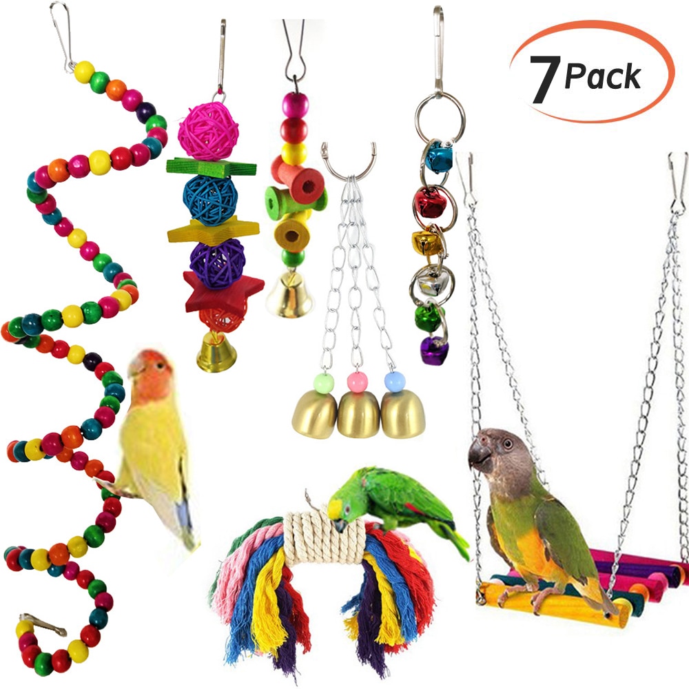 7Pcs/set Pet Parrot Hanging Toy Chewing Bite Rattan Balls Grass Swing Bell Bird Parakeet Cage Accessories Pet Supplies
