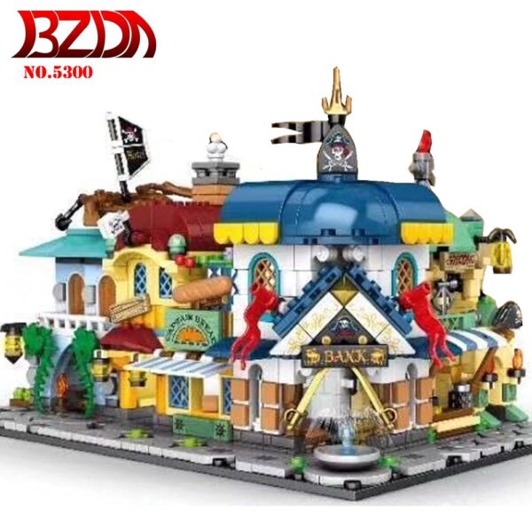 BZDA Pirate Street View Hotel, Bank, Bakery, Grocery Store 4 Types Building Block Model 2020 New Mini Building House Kids Toys